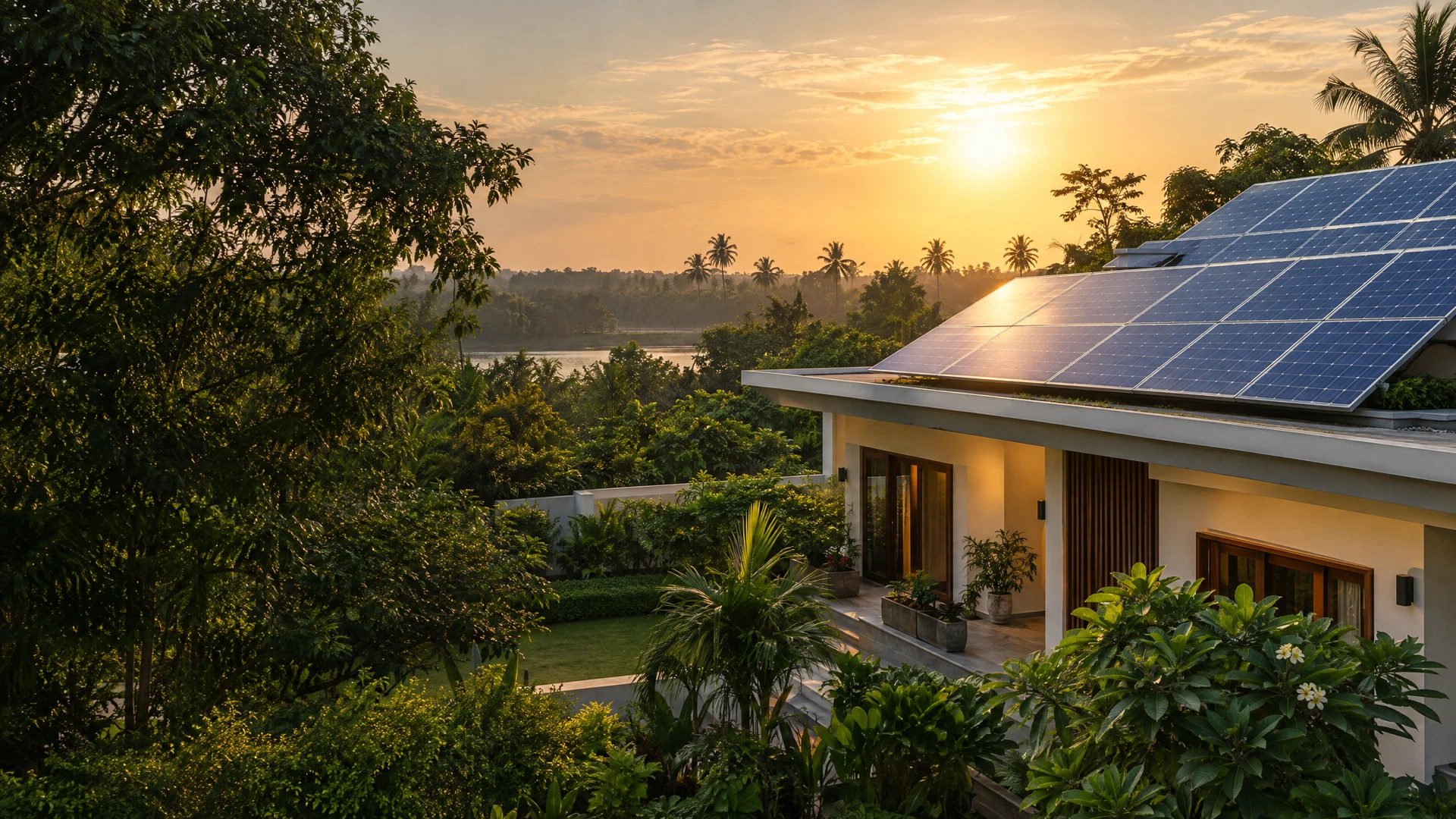 Sunlit rooftop solar panels beside a leafy home