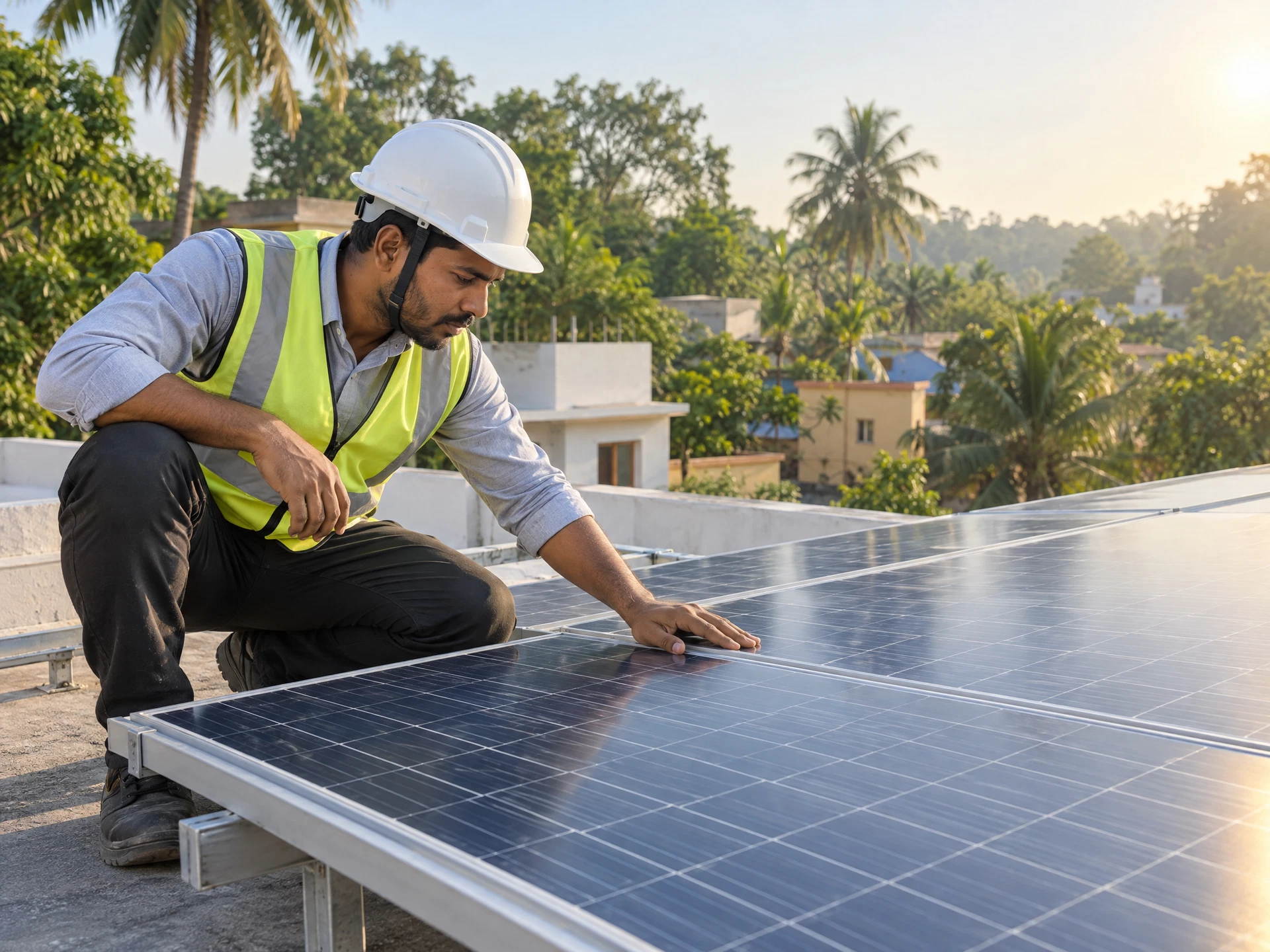 Solar professional checking a rooftop panel installation